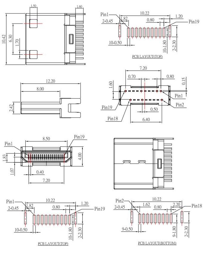 HDMI-C-3 ,HDMI JACK C TYPE ,公頭HDMI夾板式，HDMI plug規(guī)格圖