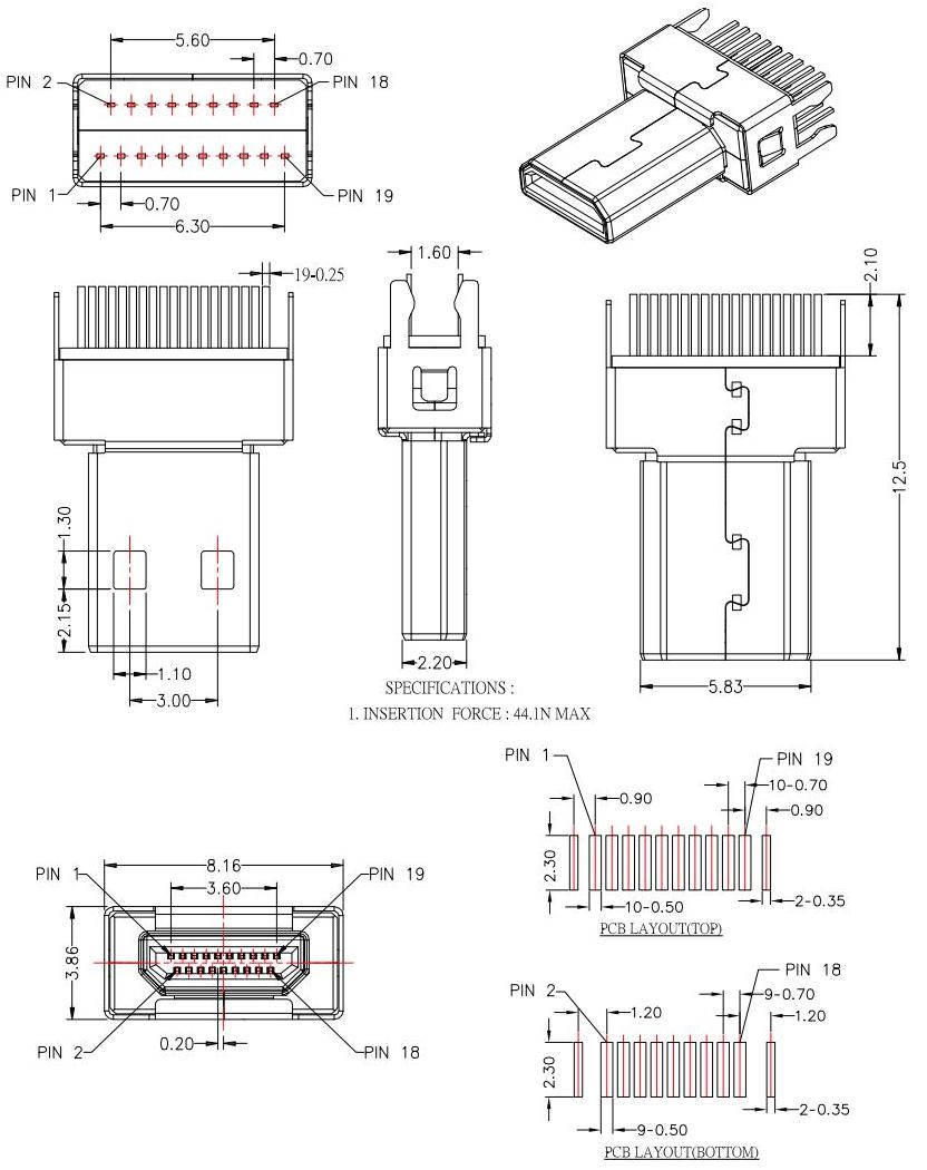 HDMI-D-6  D TYPE 公頭夾板,板厚1.6mm，HDMI JACK SERIES規(guī)格圖